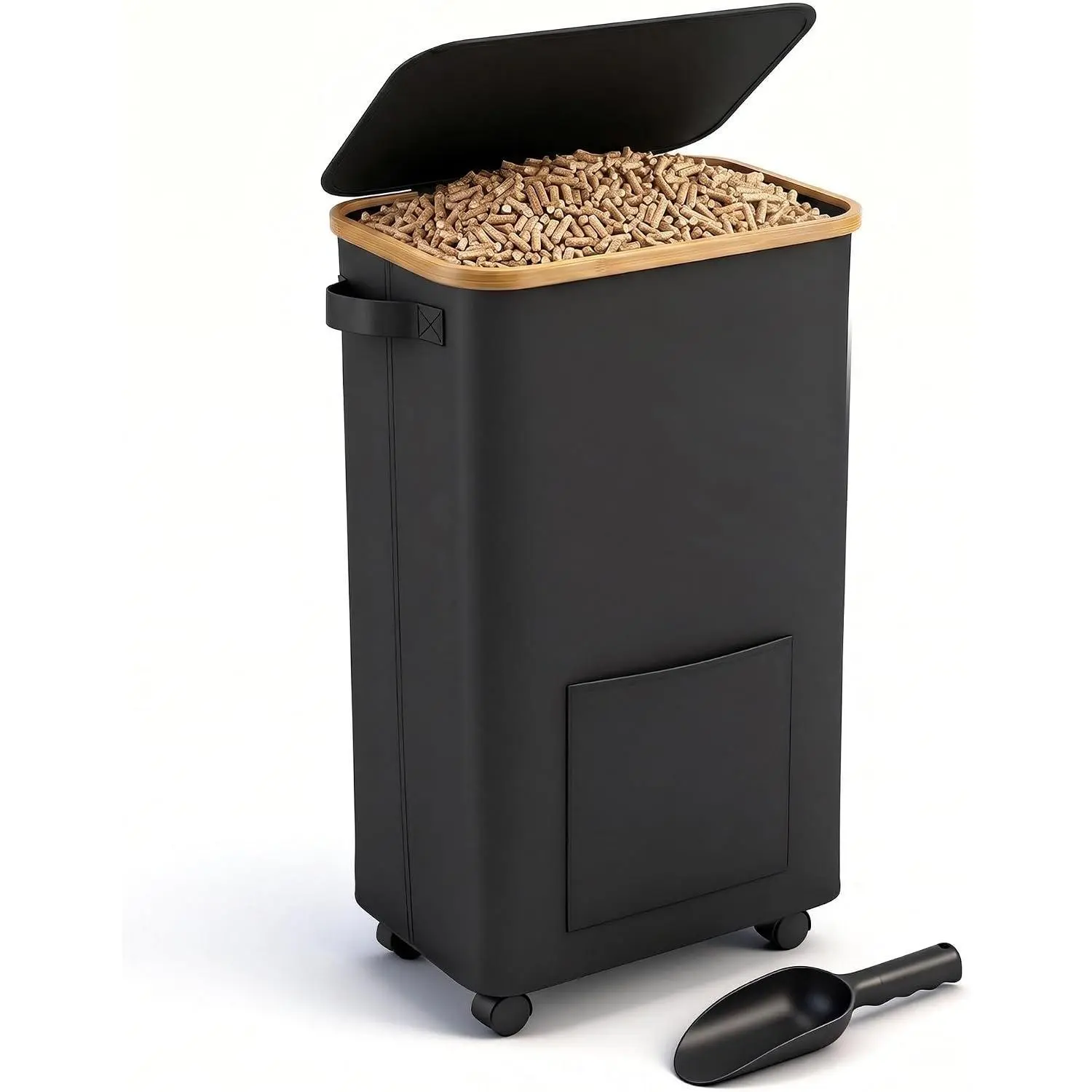 80LB Wood Charcoal Pellet Single Bin with Wheels, Scoop & Foldable Design - Rolling Large Fuel Organizer for BBQ Grill, Patio, Garage, Pet Food Storage & Camping