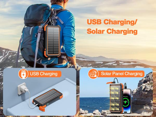 BLAVOR Solar Power Bank QC3.0 Fast Charging 10W Wireless Charger 20000mAh Solar Powered Powerbank with Type C Input/Output, IPX5 Waterproof, Camping Flashlight, Compass, Carabiner