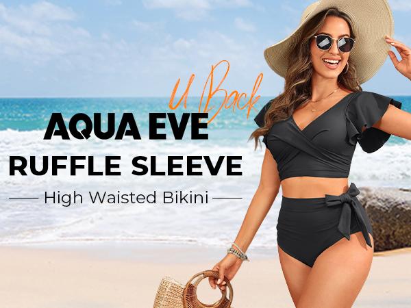 Aqua Eve Ruffle Bikini High Waisted Swimsuit - Women Two Piece Bathing Suit Tummy Control Bikini Set