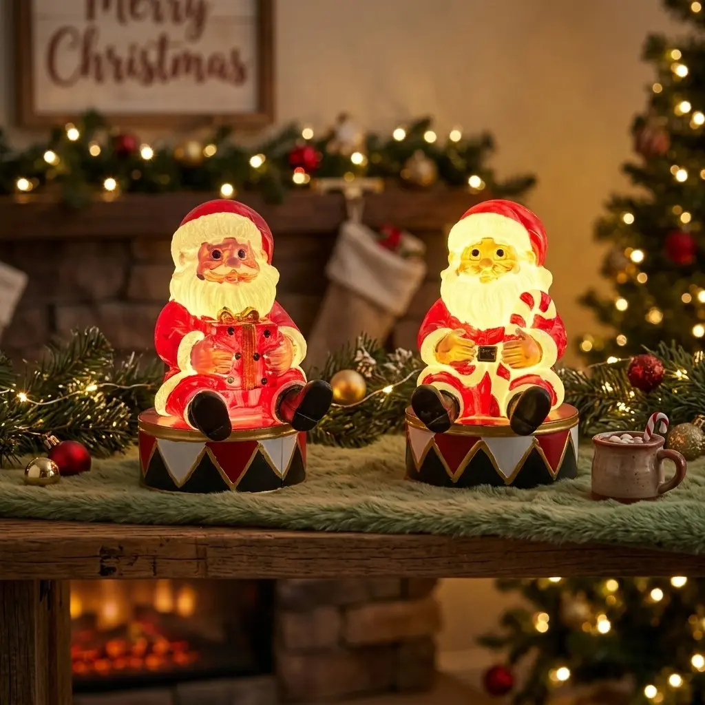Santa Claus-Themed Night Light Ornaments (Set of 2) — A pair of decorative Santa night lights (one holding a candy cane, the other cradling a gift box); festive tabletop decor; glowing Santa Claus Christmas party gifts (batteries not included)