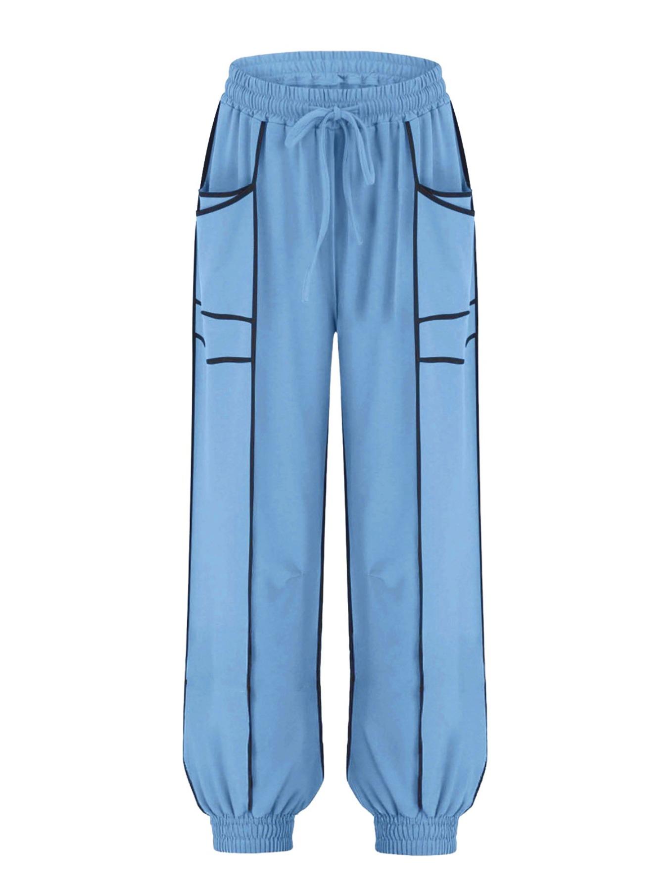 Women's New Loose Wide Leg Pants, Casual Drawstring Elastic Waist, Large Pockets, European Style Ladies Fashion Bottoms