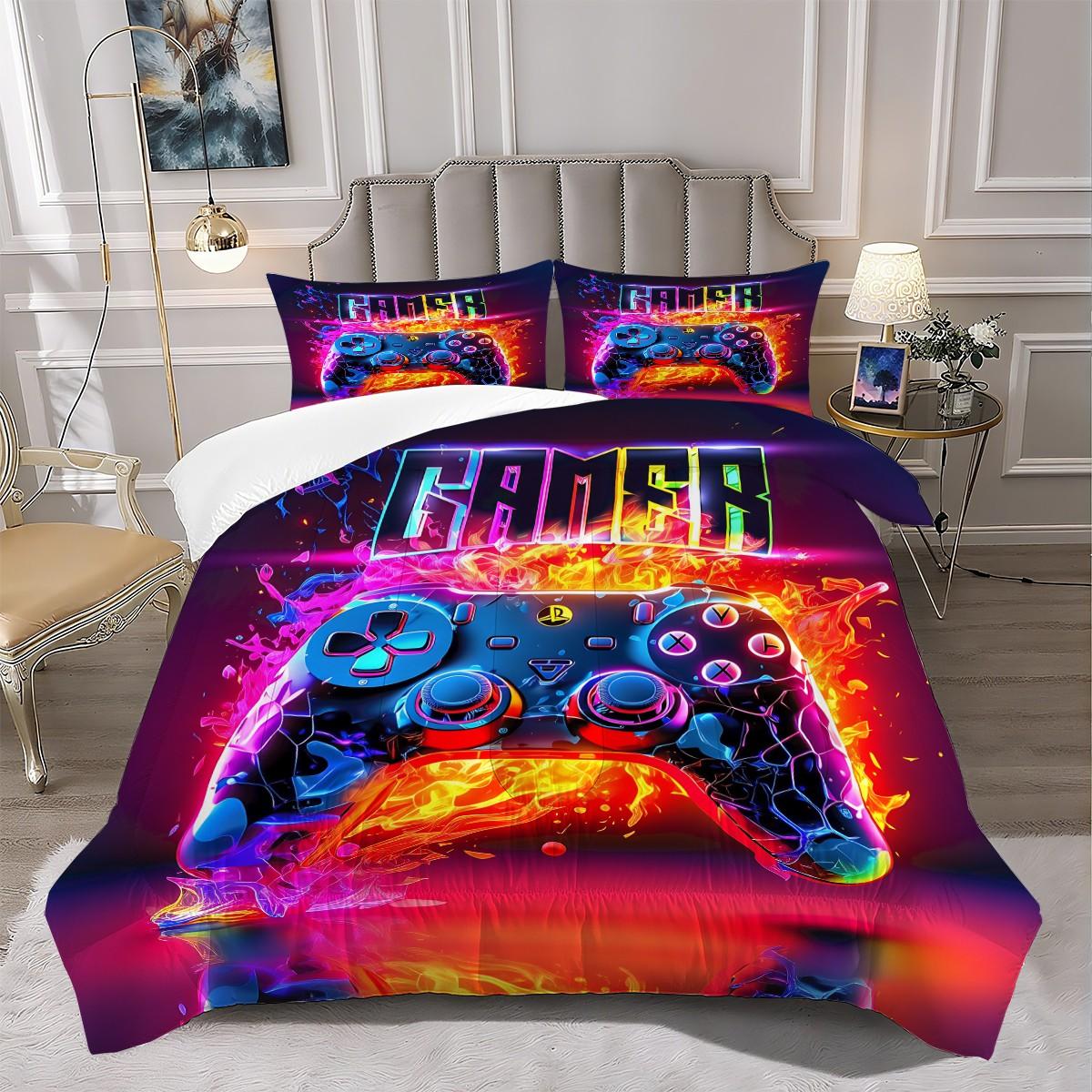 Futuristic and Energetic Gaming Controller 2/3pcs Comforter Set, Flame and Neon Light Effects Create a Dynamic and Dynamic Bedding Set, Soft and Comfortable, Personalized and Vibrant Style,Adding Allure and Fun 1 or 2 Pillowcase No Pillow Core.