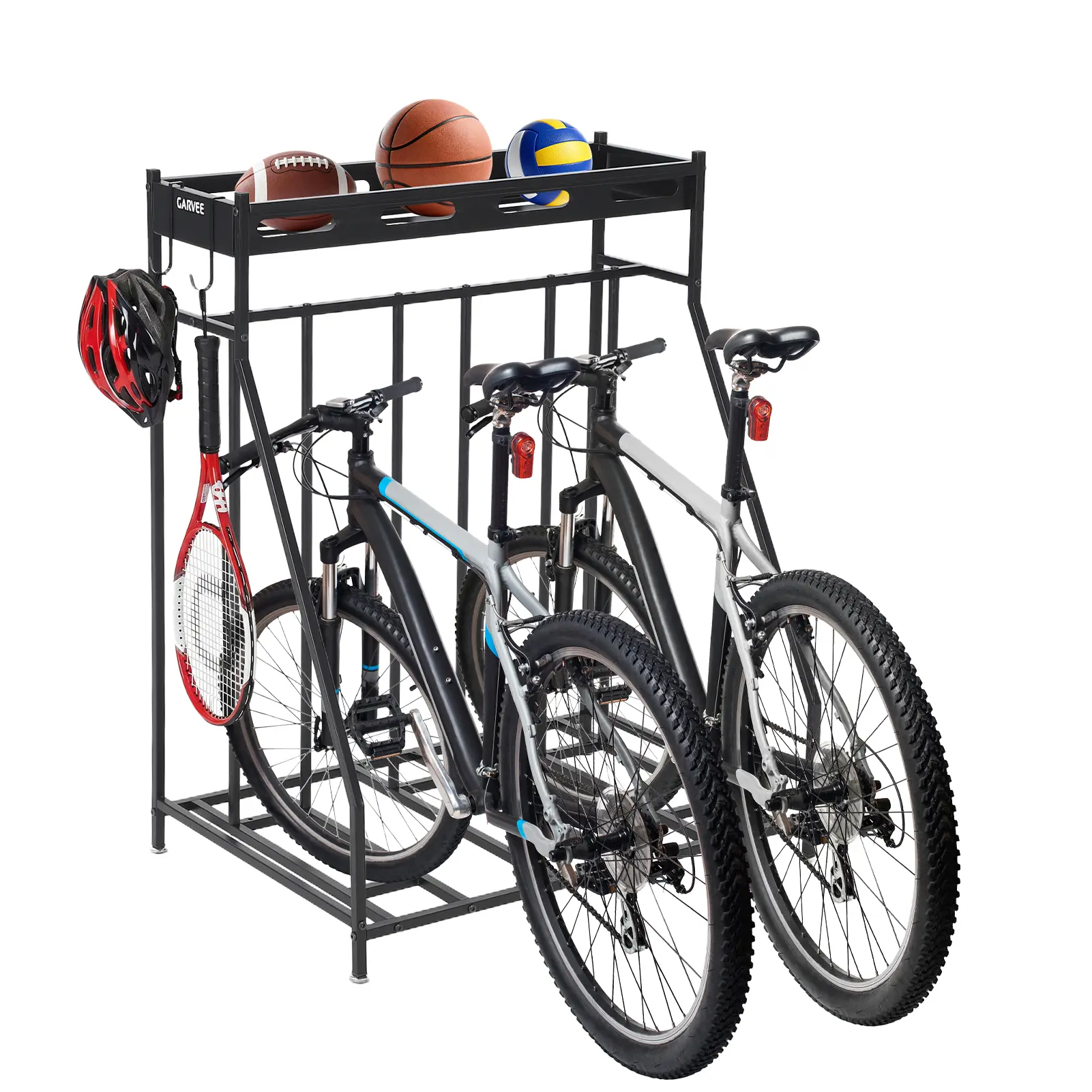 Garvee Heavy-Duty Freestanding Multi-Bike Floor Rack - Steel Parking Stand w/ Storage Shelf & Hooks - Anti-Tip Divider Poles - Fits Most Bike Types (3/4 Bikes)