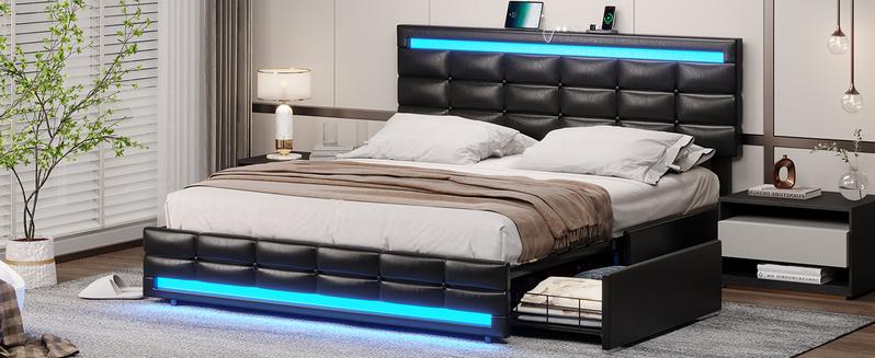 Sikaic Queen Size Faux Leather Platform Bed Frame with Storage Drawers, LED Bed Frame with Charging Station, Black Adjustable Headboard Sikaic Queen Size Faux Leather Platform Bed Frame with Storage Drawers, LED Bed Frame with Charging Station, Black Adjustable Headboard