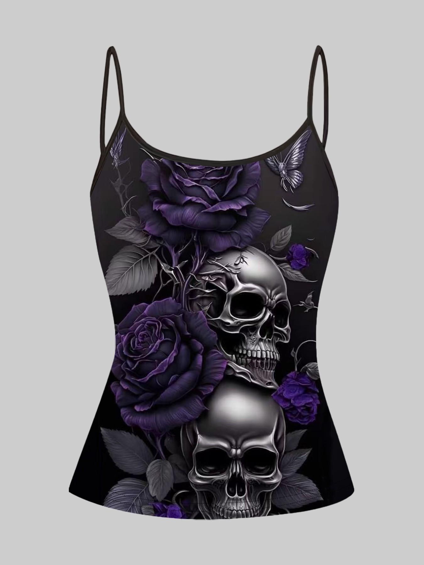Gothic Skull Rose Print Strappy Top, Summer Home Sleepwear, Casual Slim-Fitting Outerwear, Unique Bodycon Shirt Set of Four