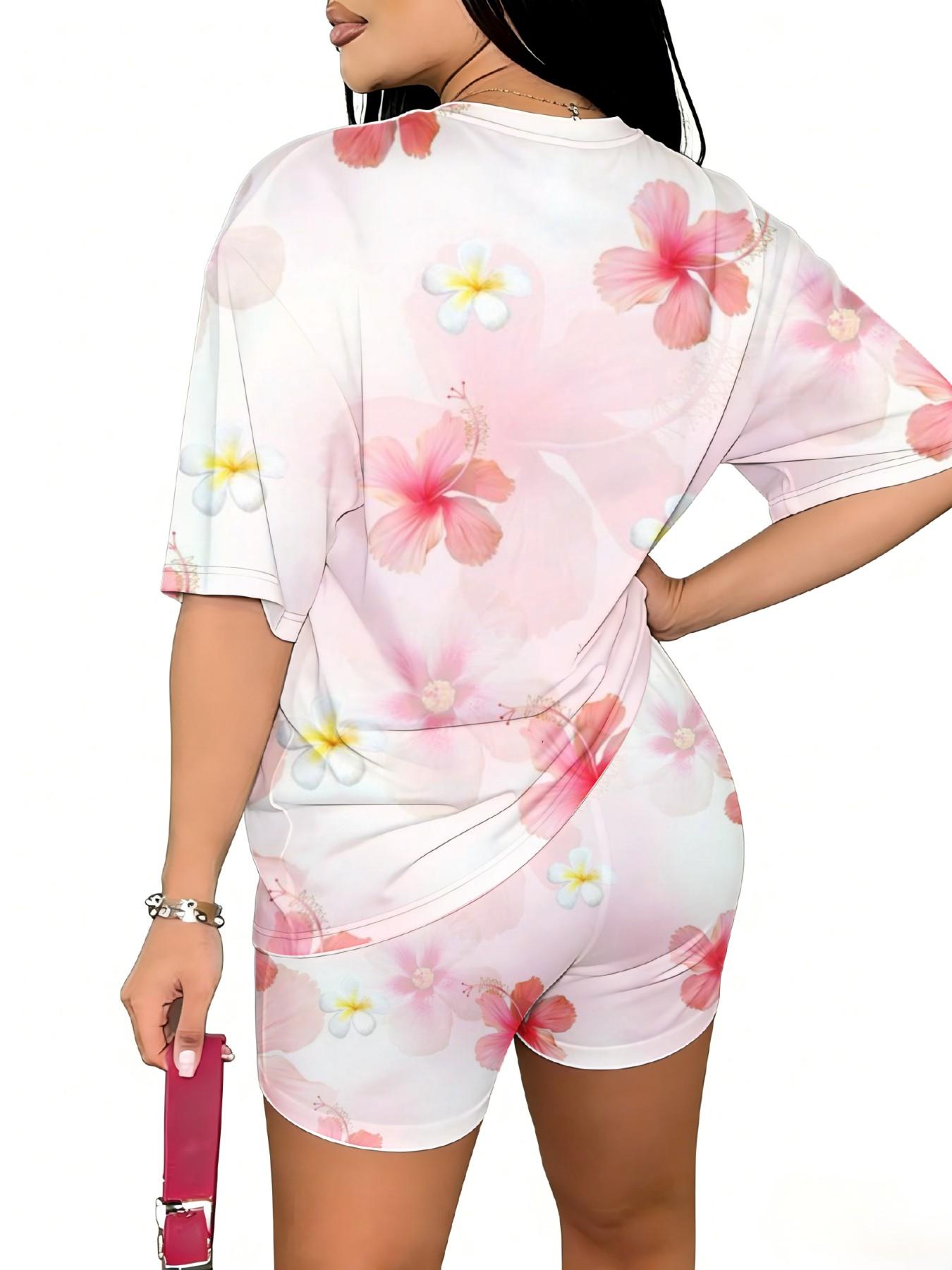 Summer Tropical Hibiscus Print Oversized Tee With Casual Shorts, Vacation Girlish Outfit