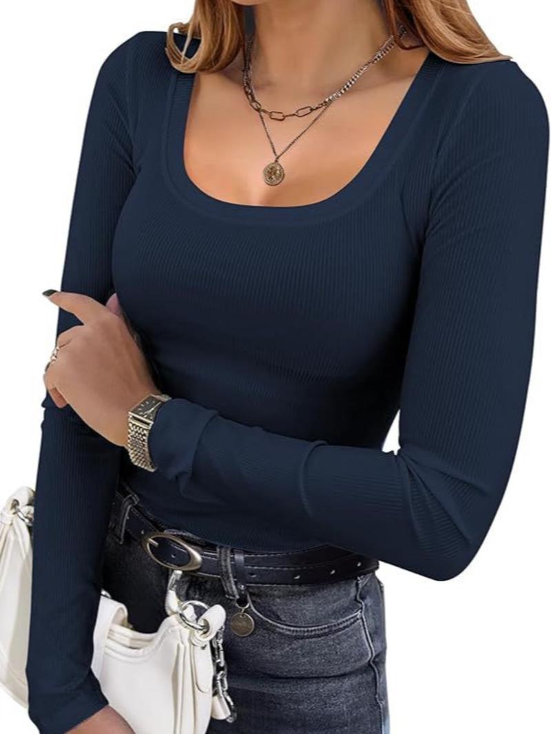 2026 Women's LongSleeve Tops Casual Scoop Neck RibbedKnit Slim Fitted Basic Tee Shirts TrendySpring Outfits Minimalist Comfort TubeTops Loose Casual Pullover