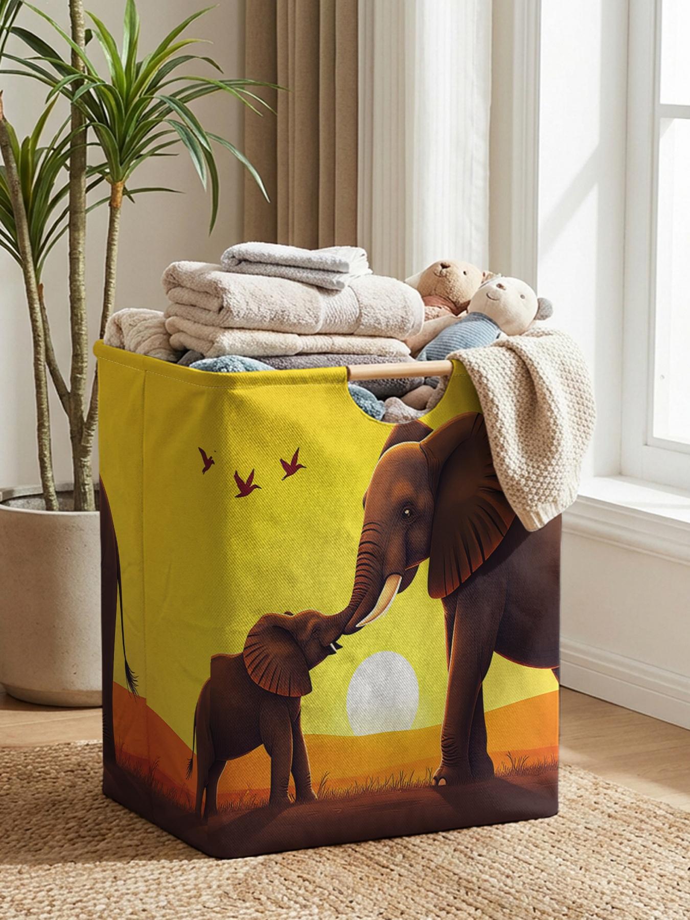 An open storage box with an elephant pattern print, a foldable storage and laundry basket, a storage bag with a handle, suitable for home use in the bathroom, and a foldable laundry basket for dirty clothes storage