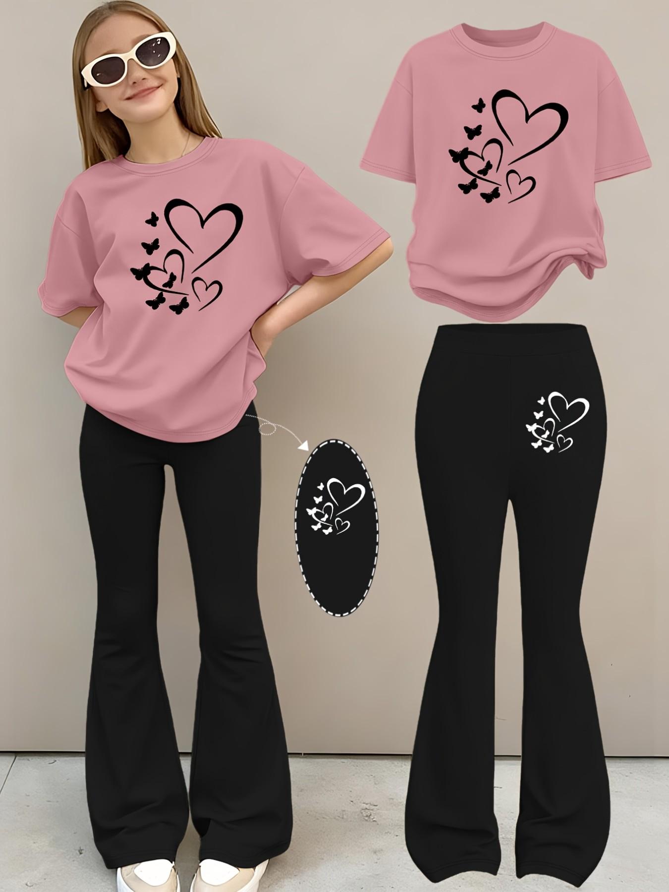 2pcs Girls Summer Fashion Print Drop Shoulder Short Sleeve T-Shirt + Elastic Bell Pants Set, Comfortable Soft Sweat Round Neck T-Shirt + Casual Bell Pants