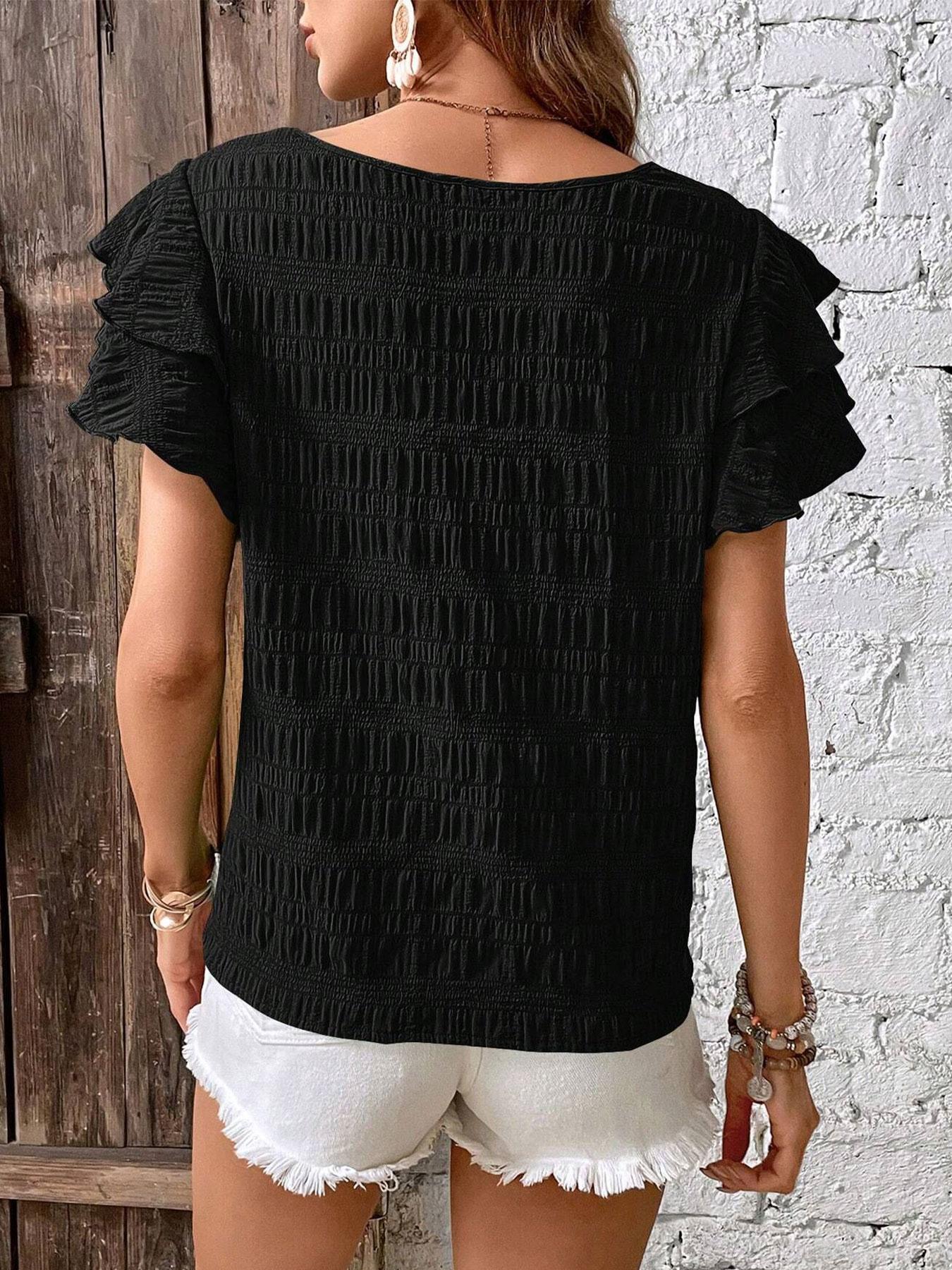 A women's solid color double-layer ruffled sleeve round neck elegant Casual pullover T-shirt Top, suitable for summer, daily commuting, and home wear, Womenswear