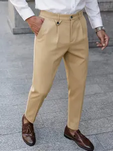 Men's Italian Style Single Pleat Conical Nine-Inch Casual Pants, Elastic Waist, Anti-Wrinkle Fabric, Business/date/daily Wear