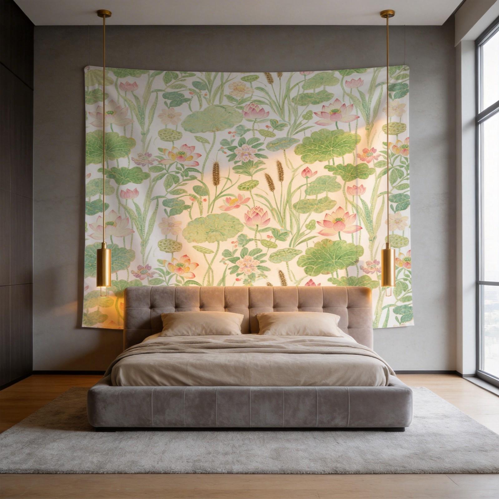 1 Piece Watercolor Lotus Pond Tapestry, HD Digital Printed Wall Hanging Tapestries, Aesthetic Boho Tapestry, Easy to Install for Living Room Bedroom Dorm Home Decor