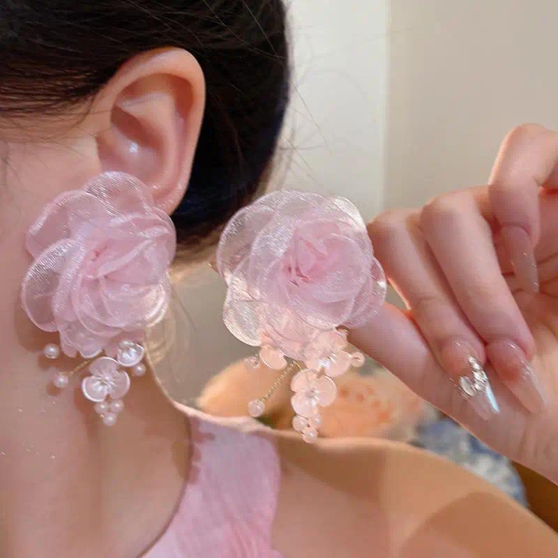 Sweet Pink Lace Flowers Drop Earrings for Women  Romantic Elegant Earrings Pendant Fashion Weddings Jewelry Accessories