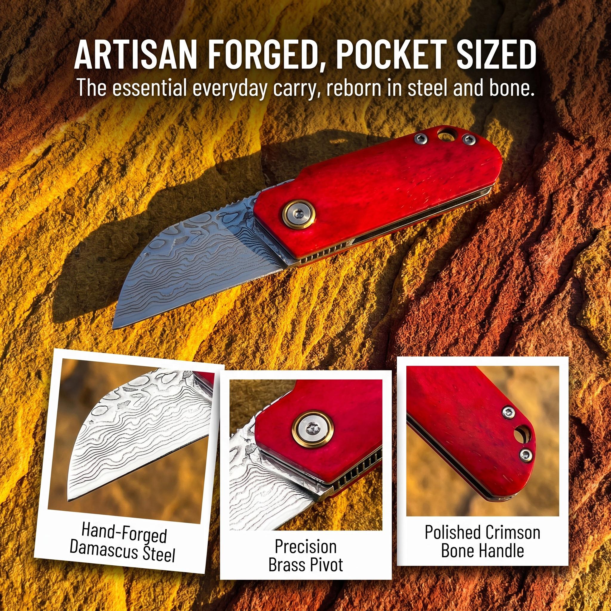 Mini Damascus folding knife, Portable knives, ultra-small and portable, handcrafted Damascus steel blade, dyed cow bone handle, with a hanging rope, practical tool for daily carry-on EDC, outdoor camping and hiking