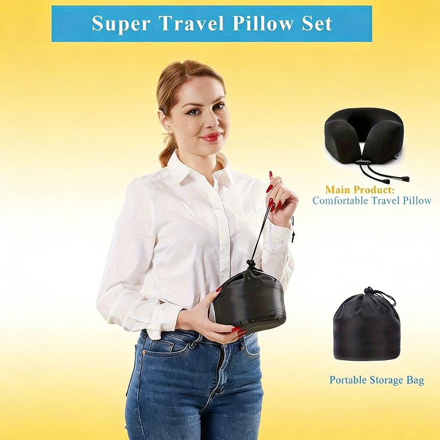Travel Essential Memory Foam Neck Pillow, Adjustable Ergonomic Cushion for Airplane Long Journey Office Nap Relax