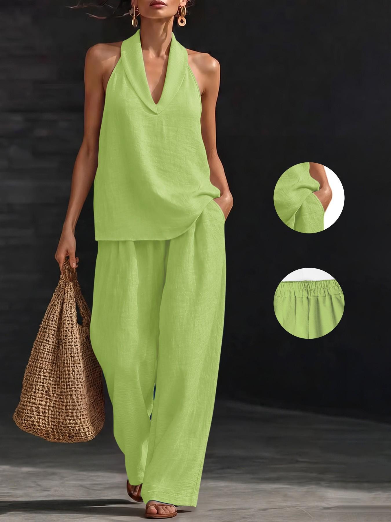 American Retro Co-Ord Set, Deep V Neck Top & High Waist Loose Pants, Lightweight Fabric, Casual Chic Holiday Wear, Streetwear