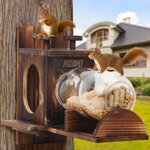 Squirrel Feeder, Large Squirrel Feeders for Outside, Durable Squirrel House, Wooden Chipmunk Feeder for Corn Peanuts with Removable Storage Bottle, 2 Stable Squirrel Stools