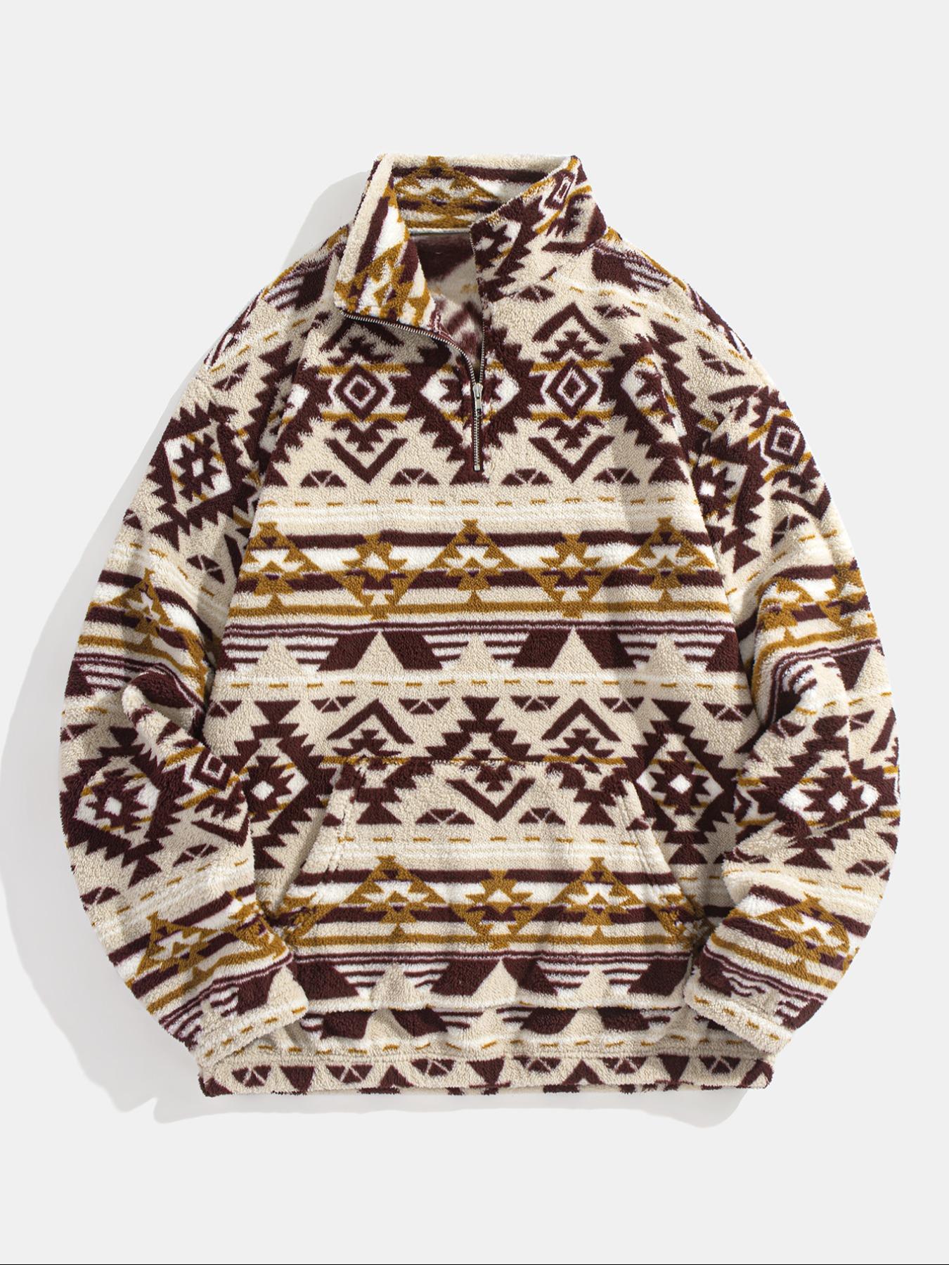 Men's Fleece Half-Zip Pullover Sweatshirt, Fall Winter Warm Hoodie, Casual Long Sleeve Top, Comfortable and Stylish Clothing, Ethnic Pattern Sweatshirts