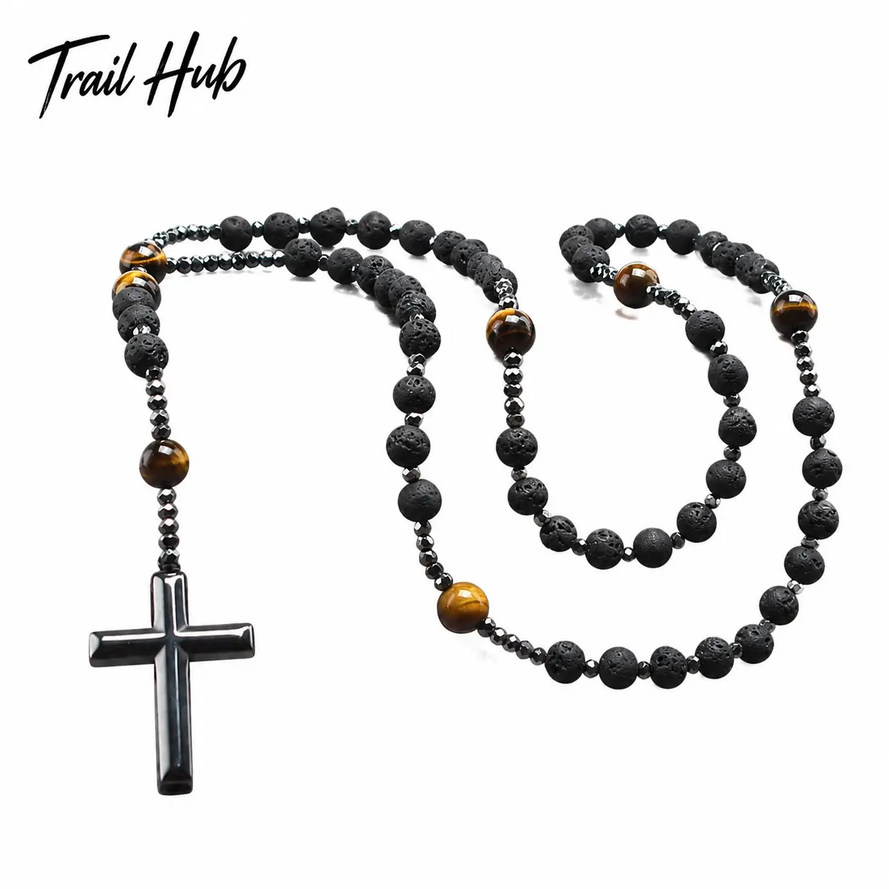 Handcrafted Natural Stone Necklace for Men Featuring Black Volcanic Rock, Yellow Tiger Eye, and Black Gallstone Beads – Spiritual Rosary Style with Cross Pendant, Ideal for Meditation, Faith Expression, and Everyday Wear