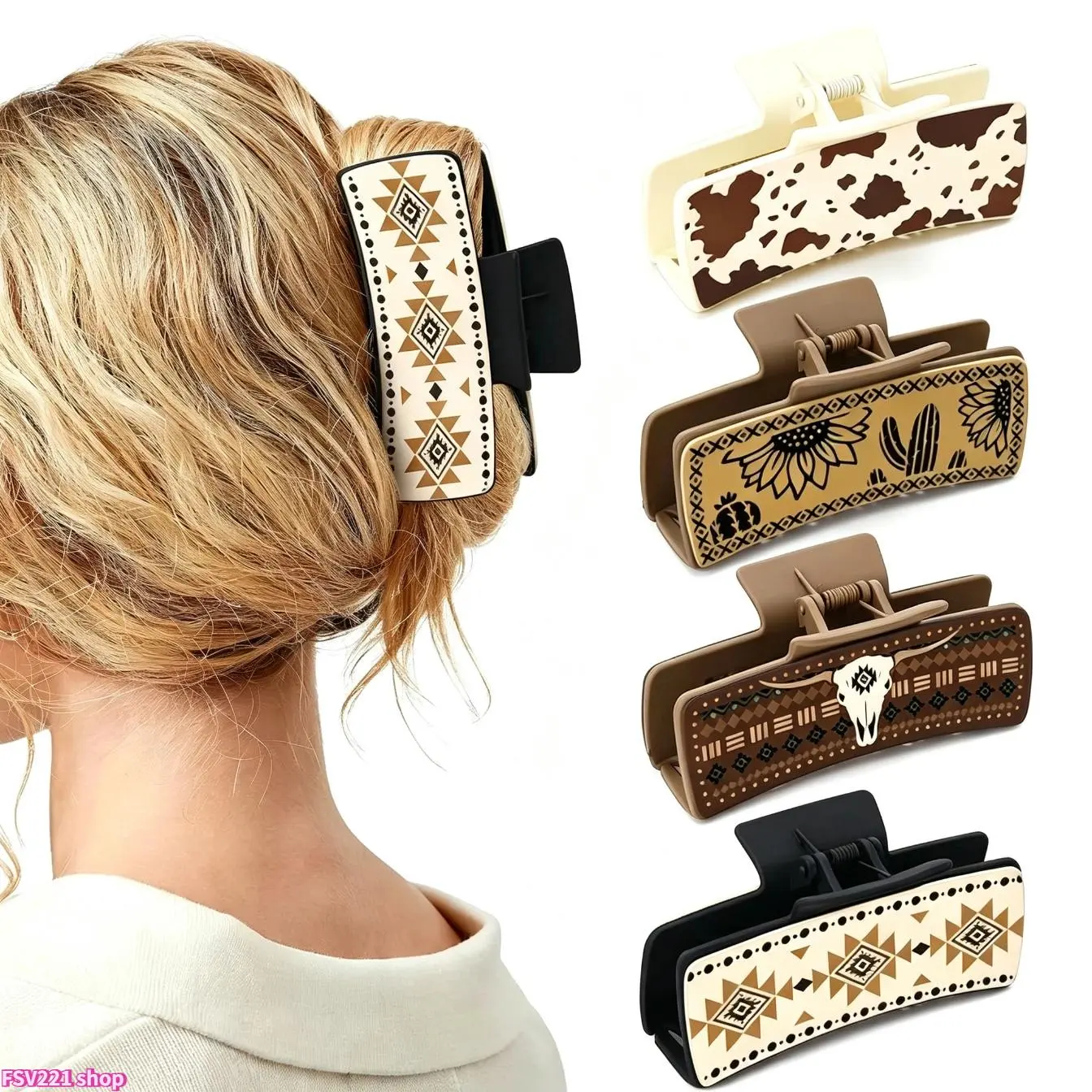 Western Cowboy Style Hair Claw Set – Vintage Pattern Claw Clips for Women & Girls, Large Strong Hold Hair Accessories for Thick Hair, Minimalist Fashion Hair Clips, Everyday & Party Headwear Set