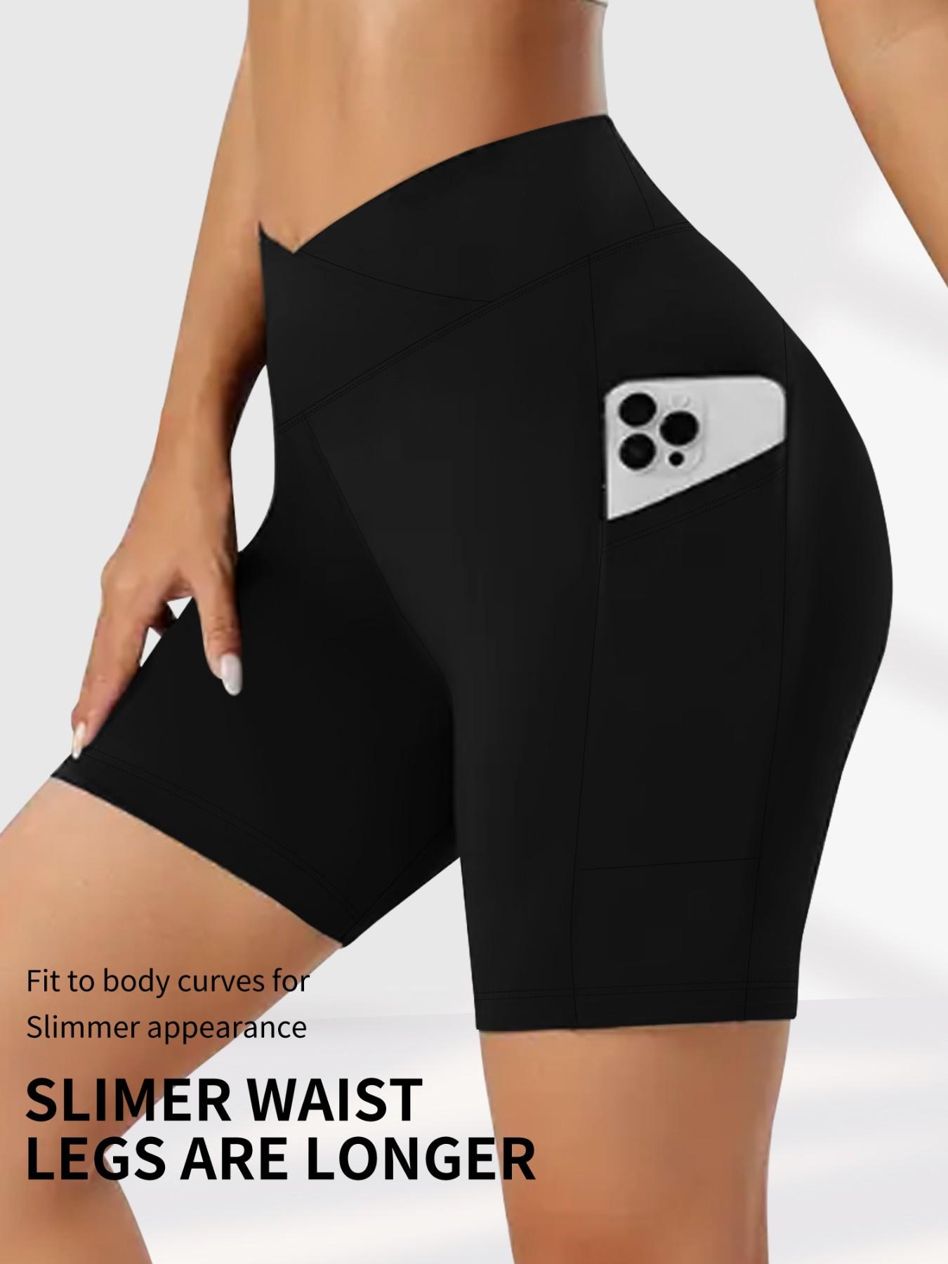 Women's Plus Size Cross Waist Skinny Workout Shorts, High Elasticity Five-Quarter Pants, Pocket Design, Solid Color Tight Fit, Soft Comfort Fabric