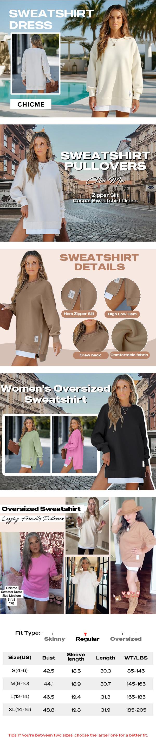 ChicMe Women's Long Sleeve Zipper Design Sweatshirt Dress  Letter Patch Detail Drop Shoulder Pullover Sweatshirt Casual Zipper Side Slit Top