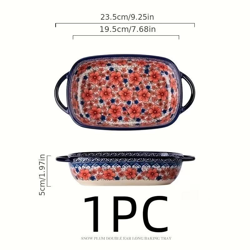 730ML Floral Ceramic Baking Dish, Rectangular Serving Dish with Handles, Ideal for Rice, Salad & Cheese, Elegant Kitchen Essential