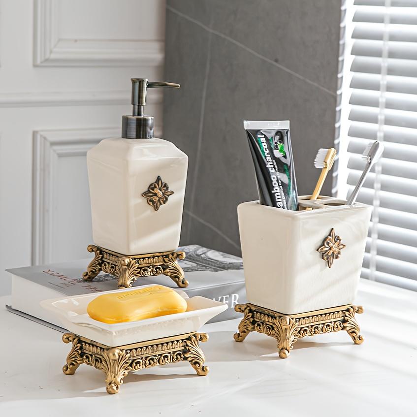 Light Luxury Minimalist Ceramic Ice Crack Pattern Creative Press-Type Hotel Home Bathroom Shower Gel Hand Soap Bottle Toothbrush Holder and Single Bath Accessory Set Bathroom Organizer