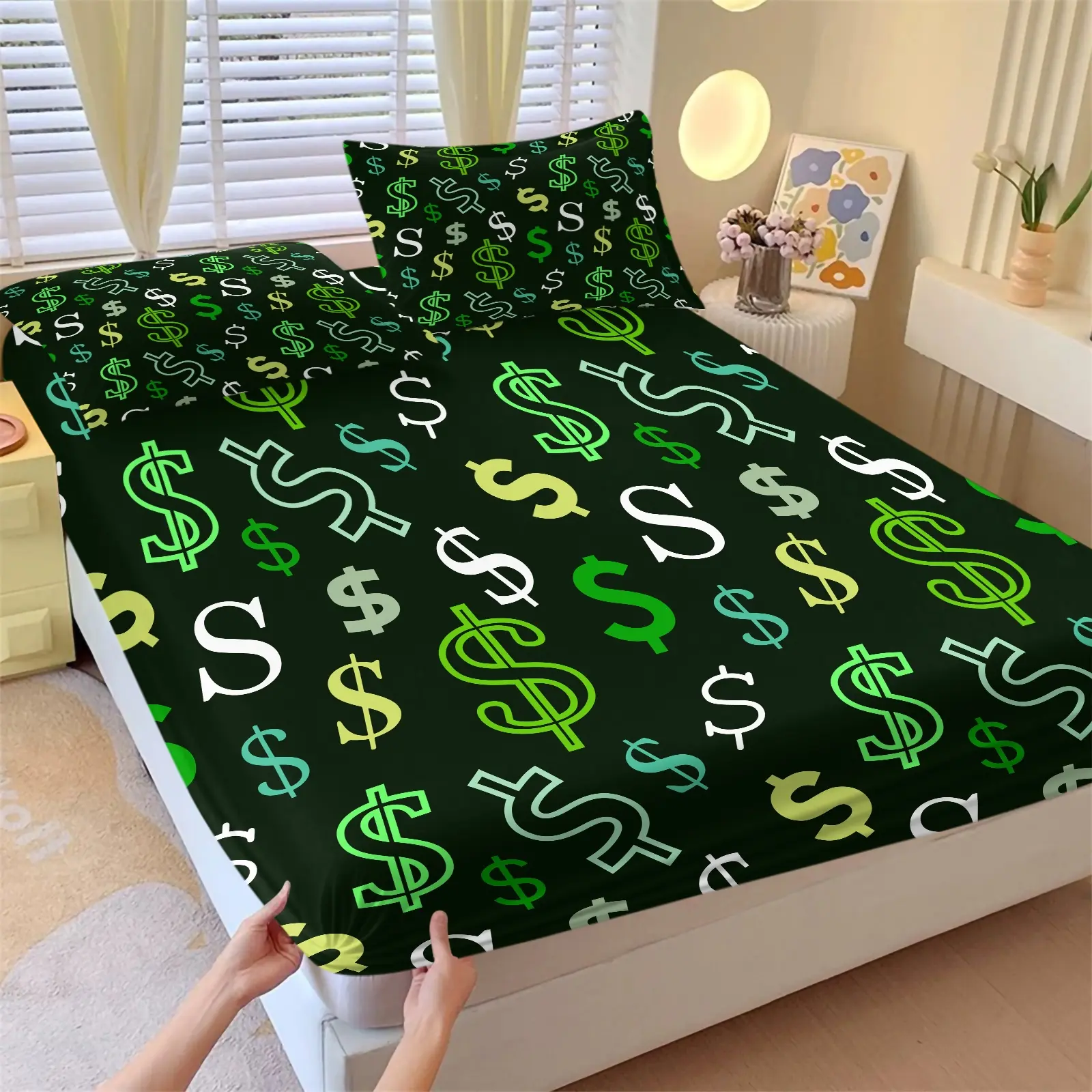 Black Background Multi Green Dollar Sign Fitted Sheet Set, 1 Fitted Sheet & 2 Pillowcases No Filling, Cool Stylish Multi Shade Green Dollar Symbol Print Cozy Soft,Elastic Deep Pocket Non Slip Mattress Protector Bedding, Mens Bedroom, Gaming Room