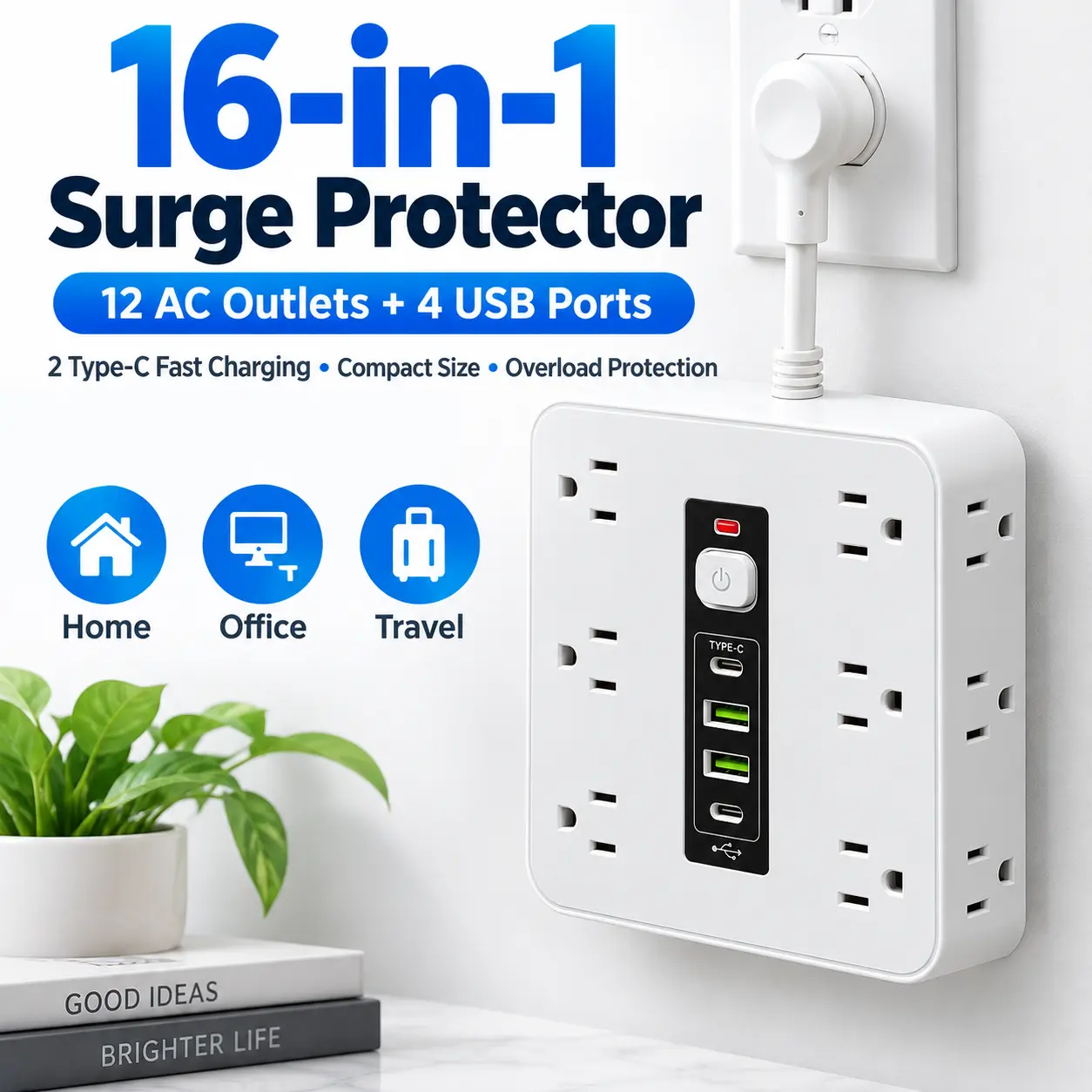 Multi Outlet Power Strip with Surge Protection, 12-Sided AC Outlet Design and 4 USB Ports Including 2 Fast Charging Type-C Ports, Portable Charging Station for Workspaces, Dorms and Travel