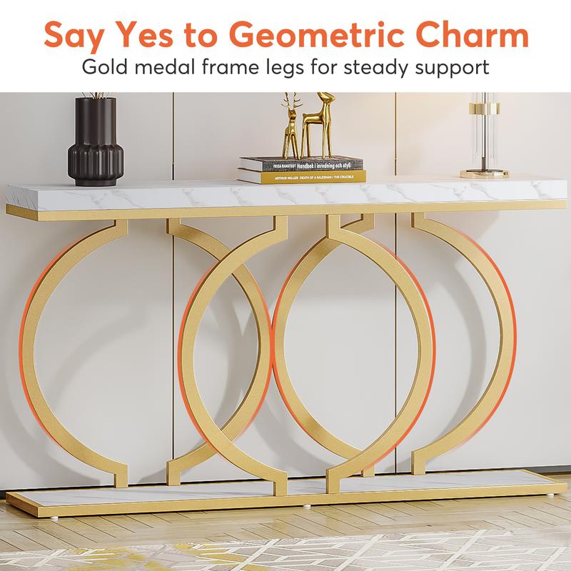 LITTLE TREE Gold Console Table, 55 inch Faux Marble Entryway Table Narrow Long Sofa Table, Modern Accent Table for Living Room, Entrance Table Geometric Metal Frame
