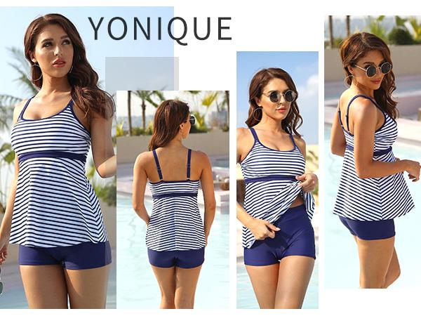 Yonique Women's Two Piece Tankini Bathing Suits for Women Tummy Control Swimsuits with Boy Shorts Modest Swimwear for Beach Swimming Holiday Vacation