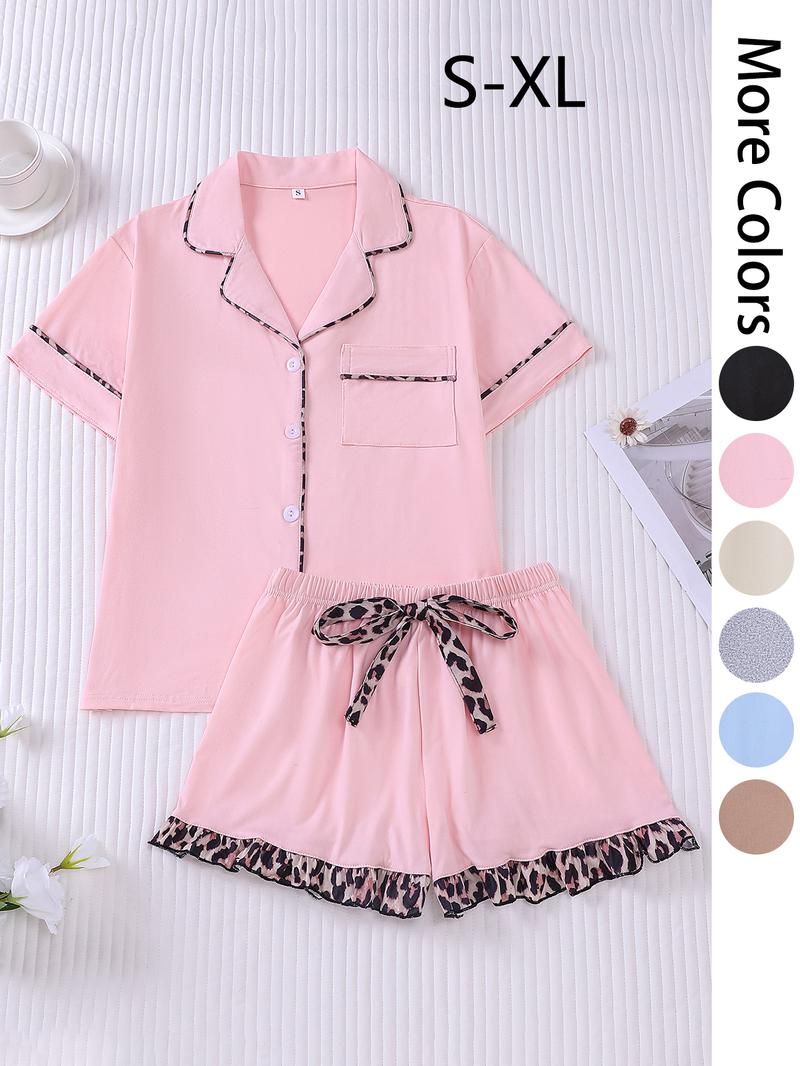 Women's Patchwork Contrast Binding Button Front Pocket Shirt & Ruffle Hem Shorts Pyjama Set, Casual Comfy Two-piece Pj Set, Ladies Summer Sleepwear, Pajama Set