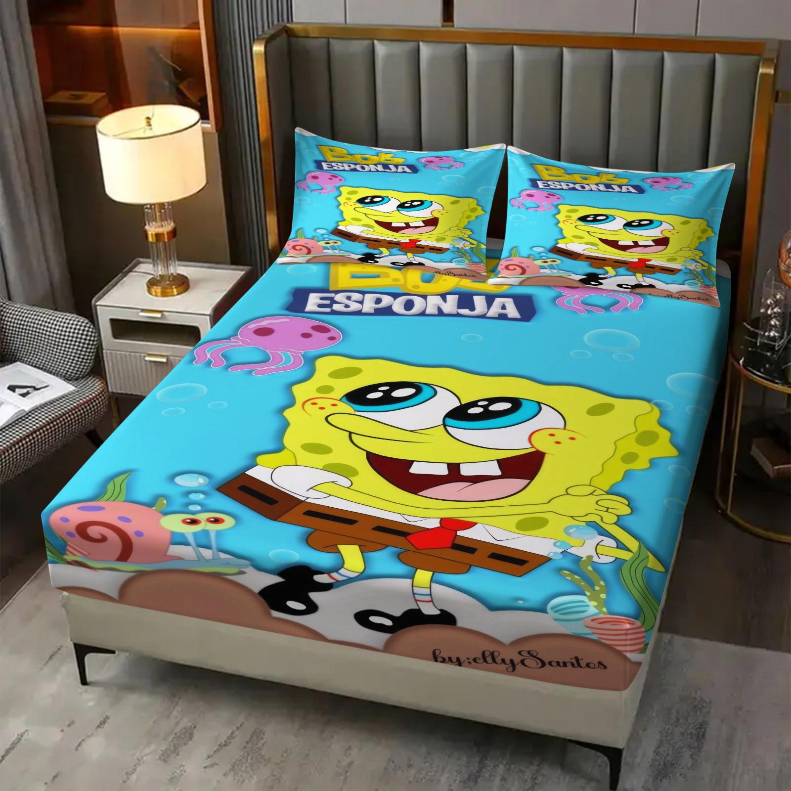 3 Piece Spongebob Pattern Fitted Sheet Set, Soft And Durable Bedding Set Includes 1 Piece Flat Sheet And 2 Pieces Pillowcases, Daily Holiday Birthday Gift Bedroom Decorations For Kids And Adults