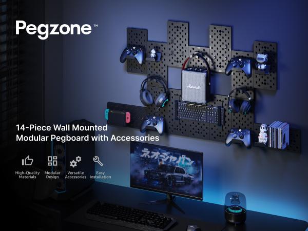Pegzone Controller and Headphone Holder Wall Mount, Modular Gaming Pegboard with Accessories, Controller Stand for Xbox PS5 PS4 Switch, Video Game Storage, Disc Shelf Organizer, 7pcs/14pcs Pegboard