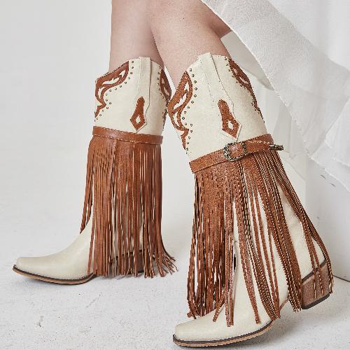 Fringe Cowgirl Boots-Square Toe Chunky Heel Cowboy Boots
