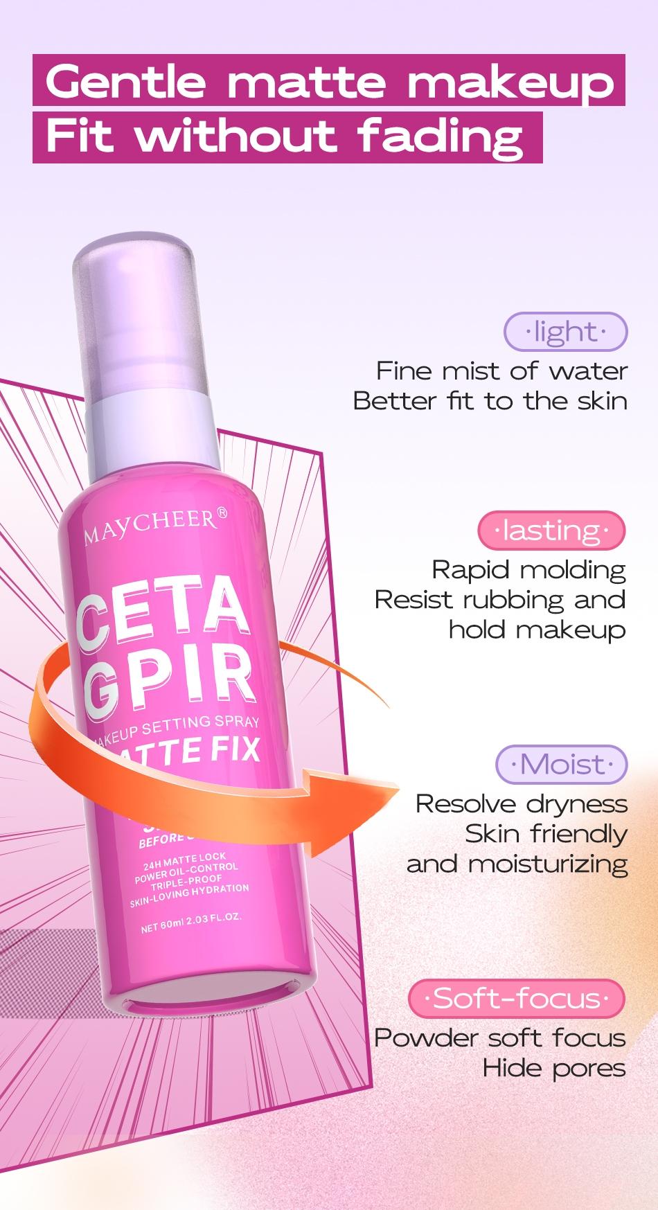 Maycheering Get Grip Matte Water Gloss Setting Spray, Makeup Setting Mist, Makeup Fixing Spray - 2.03oz Waterproof Oil Control Moisturizing Setting Spray, Light Lasting Formula, Anti-smudge, All Day Lasting Setting for Sensitive Light Skin