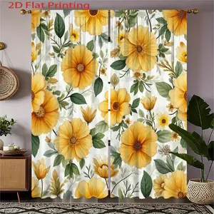 2pcs Floral Curtains - Semi-Sheer Window Drapes with Mustard Yellow Flowers, Lightweight Flannel-Patio - Easy Hang Rod Pocket Design, Modern Home Decor Window Treatments, 2D Flat, Bedroom Decor, Lightfiltering Fabric, Kitchen Decor