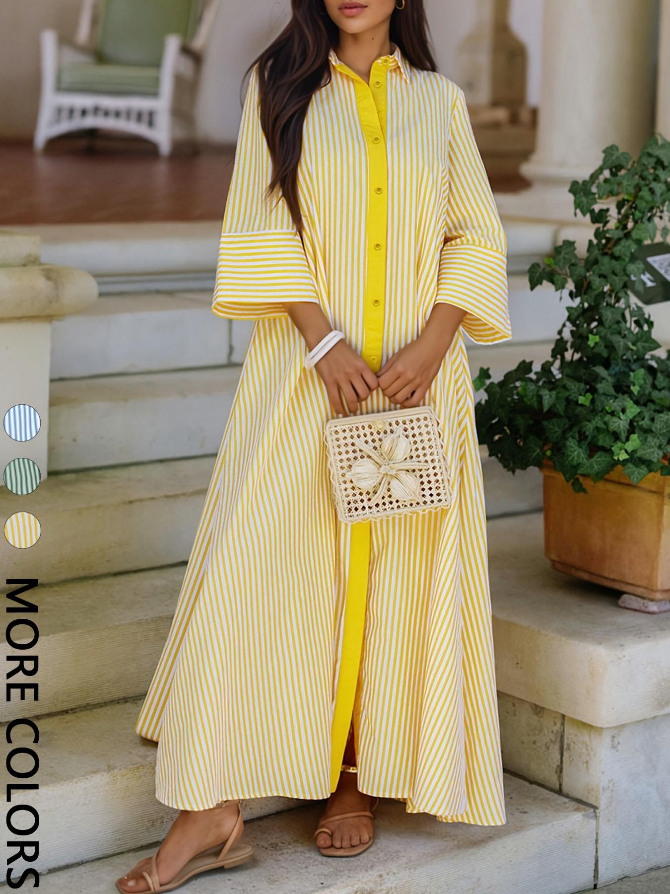 Elegant Women's Loose Collared Button Front Striped Shirt Dress, Perfect for Office and Casual Occasions, Stylish and Comfortable Spring Wear, Boho Summer Dresses Style Womenswear, Chic Dress