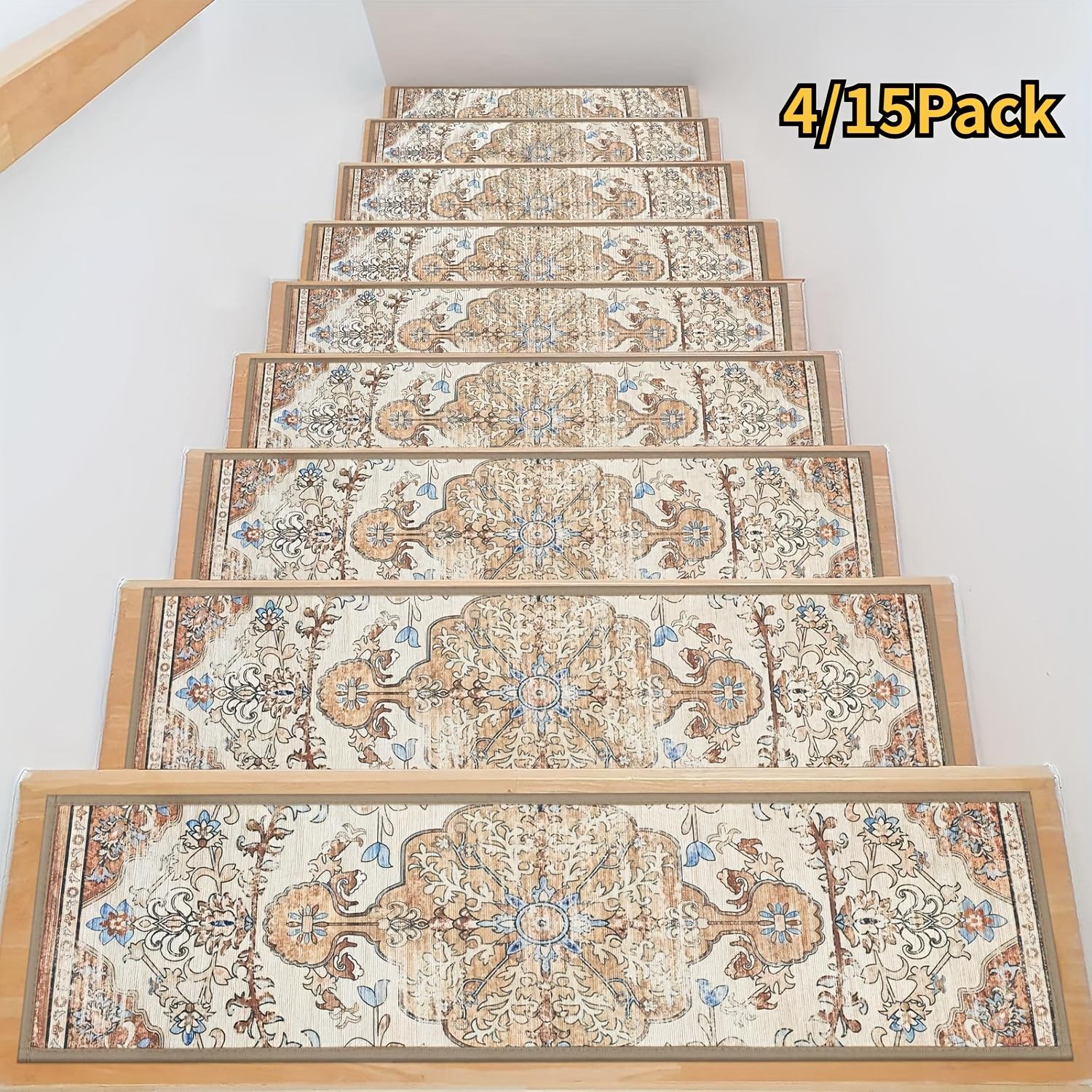 Non-Slip Stair Treads for Wooden Steps, 15pcs Vintage Boho Stair Runners for Indoor Stairs, Washable Non-Skid Carpet Stair Mats for Kids Elders Pets, Beige Bohemian Floral Stair Rugs