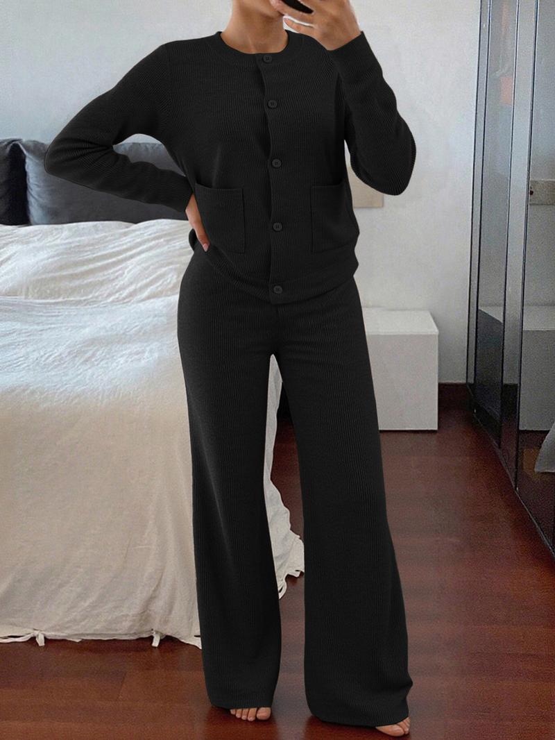 Women's Casual Comfortable Round Neck Long Sleeve Knit Sweater Set, High Waist Versatile Wide Leg Pants, 2 Piece