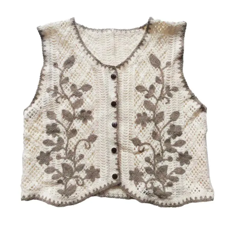 Flower Embroidery Crochet Waistcoat Top Sleeveless Button Front Vest Cardigan Women Spring Summer Vintage Fairycore Cottagecore
