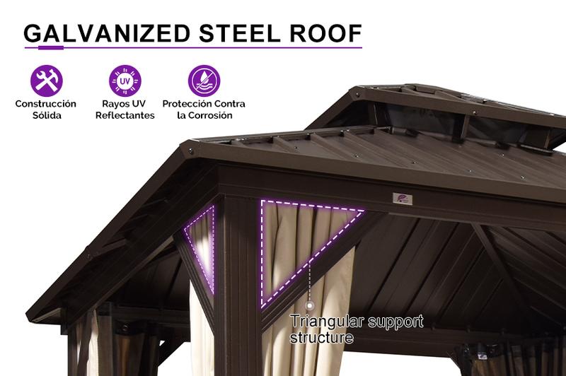 PURPLE LEAF Outdoor Hardtop Gazebo Bronze Metal Frame Galvanized Steel Double Roof with Lights-milky