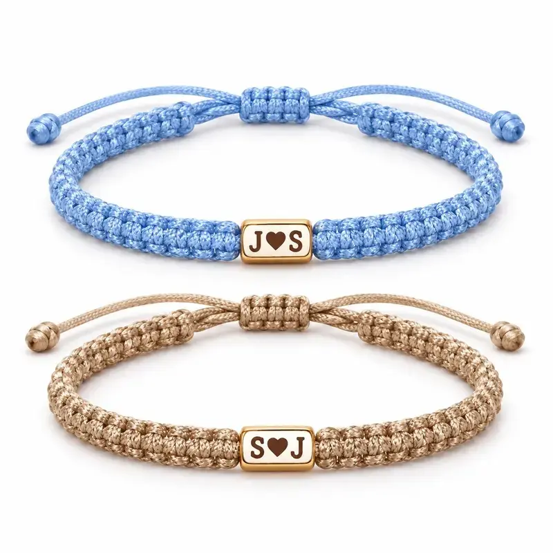 September Laurel Personalized Couples Initial Bracelets with Heart Detail, Light Blue & Light Brown Matching Braided Cord Bracelets, Custom Letter Jewelry for Him & Her, Romantic Anniversary, Birthday & Valentine’s Day Gift for Boyfriend or Girlfriend