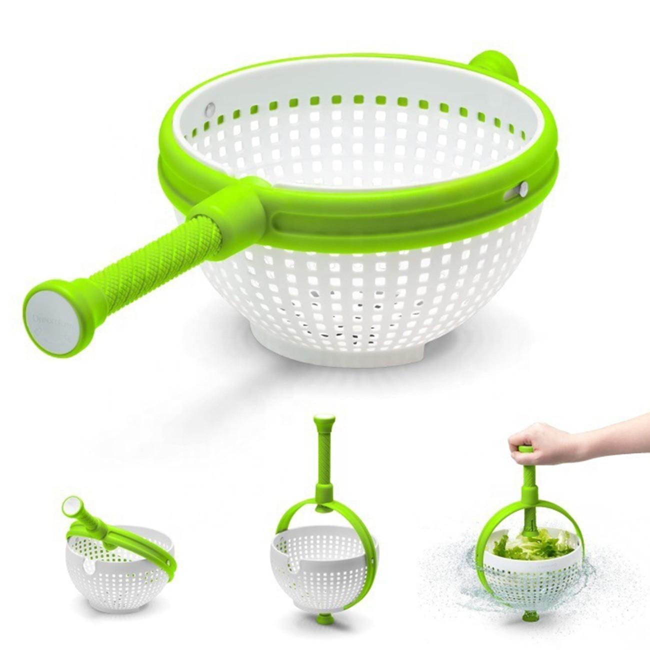 Salad spin dryer, kitchen vegetable cleaner centrifugal water-draining basket, rotating draining basket. Household vegetable and fruit salad spin cleaning, two-in-one easy-to-use and foldable salad spinner and filter strainer.