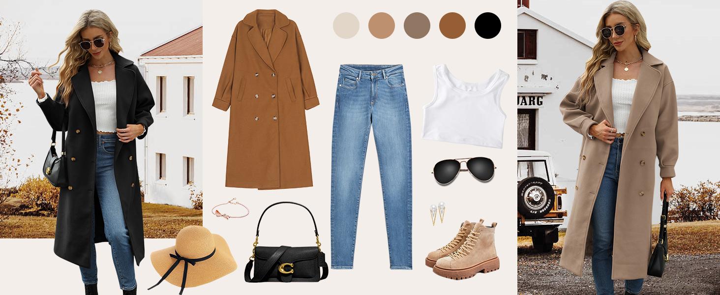 Danedvi Womens Notched Lapel Collar Double Breasted Pea Coat Winter Elegant Long Over Coats Jackets Tops Casual