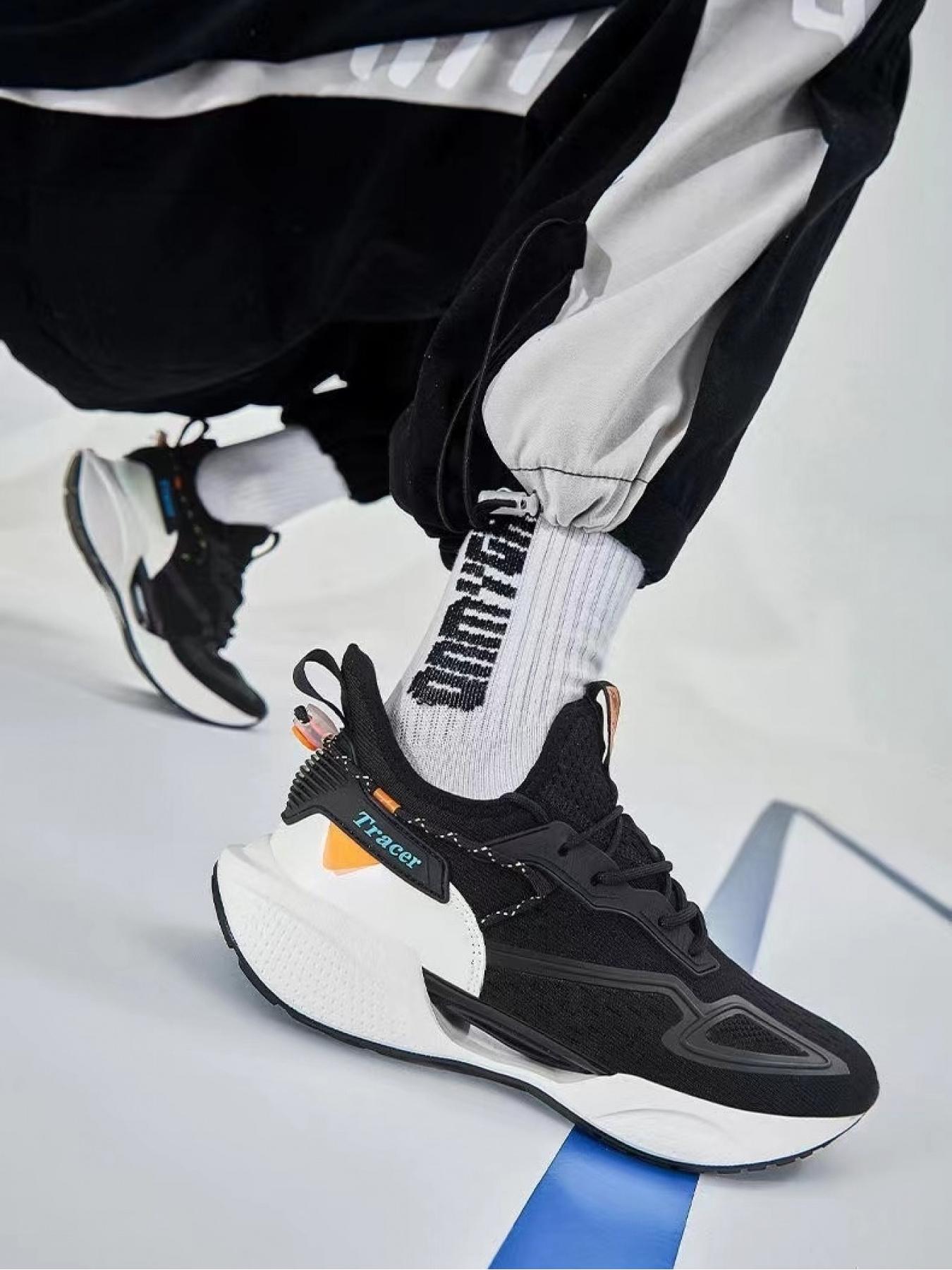 Men's Black & White Color Block Trendy Running Shoes, Breathable Mesh, Comfortable Cushion, for Sports & Daily Wear