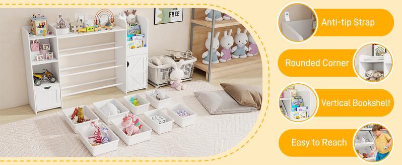 Vabches 55" Large Toy Organizer with 8 Toy Storage Tubs, Storage Boxes and Storage Racks, Tiered Bookshelf and 7 Storage Cubbies, Bookshelf, Playroom Storage and Storage Boxes