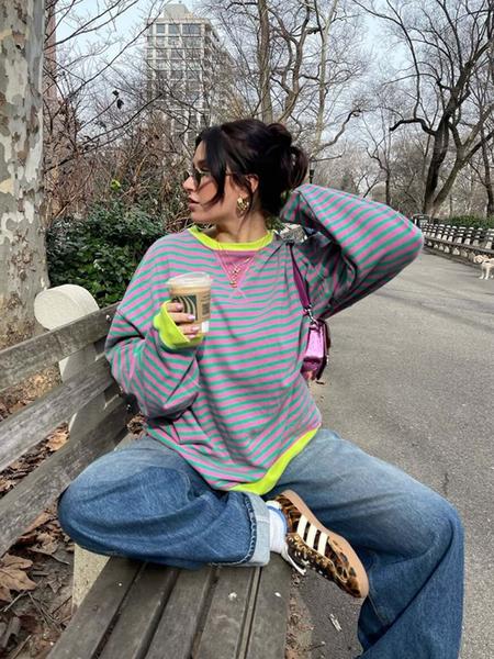 Women's Loose-Fit Casual Colorblock Striped Long Sleeve Pullover Hoodie, Fashionable All-Season Wear, Stylish Daily, Womenswear