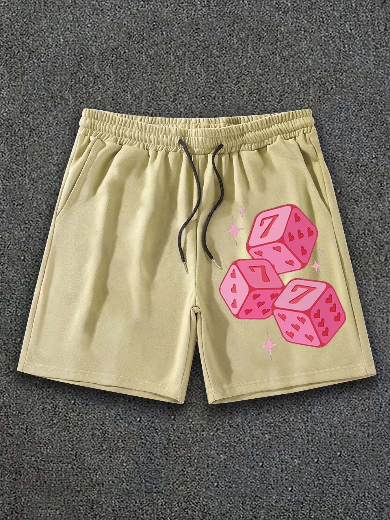 Men's Hip Hop Vintage Sweat Shorts, Pink Lucky Dice Pattern & Comfortable Loose Fit for Street Fashion and Music Festivals